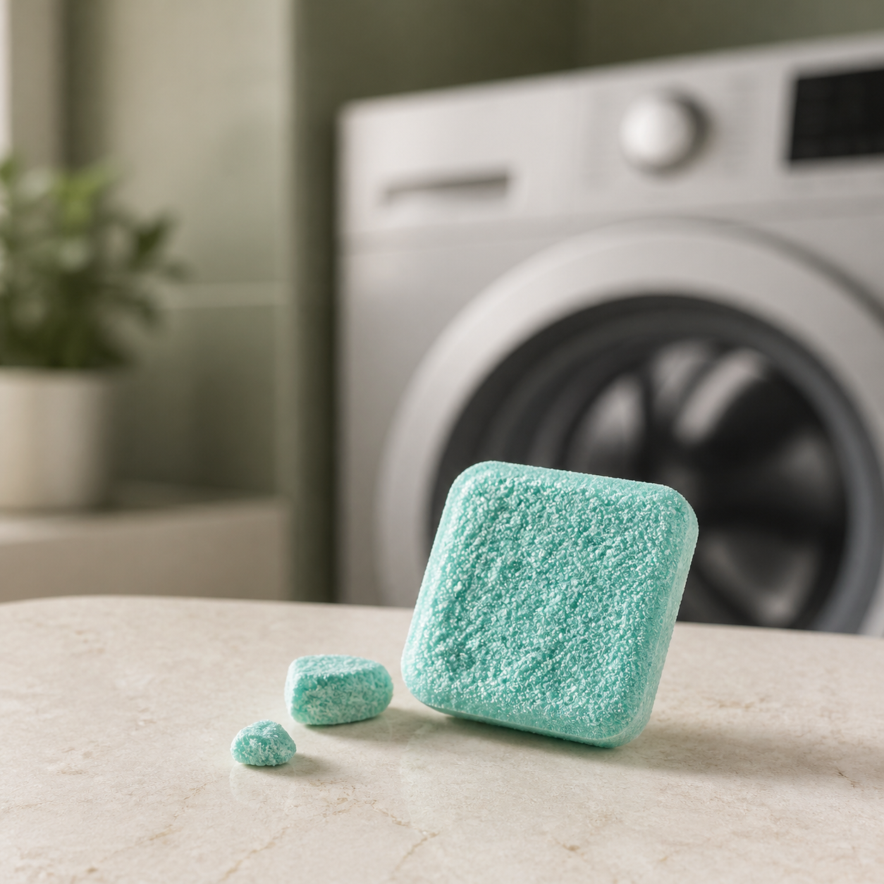 Close view of a washing machine cleaner tablet