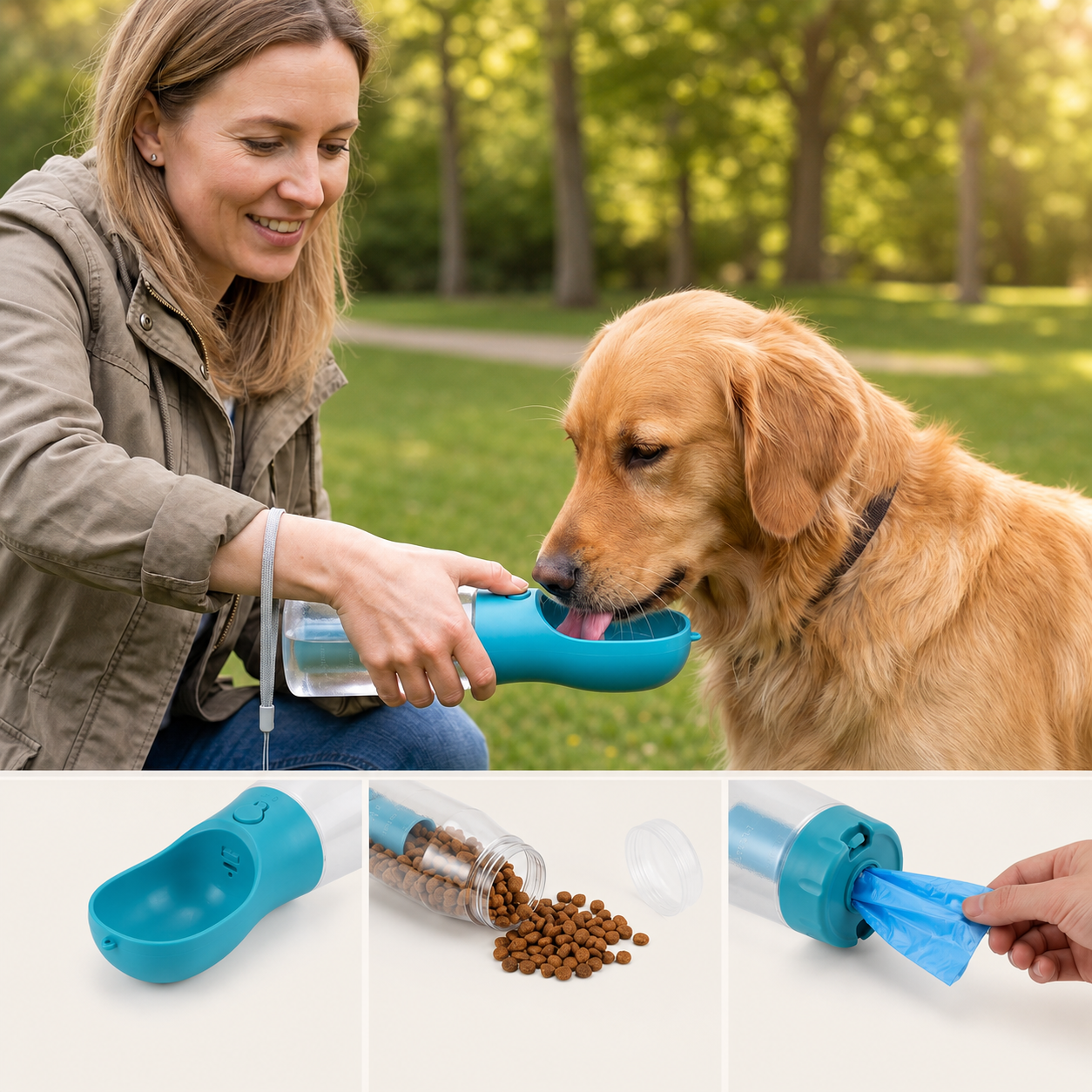 Three functions of the dog walk bottle