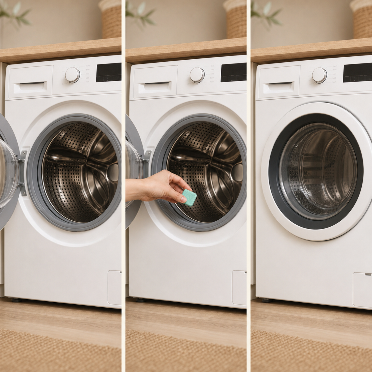 Three-step sequence for placing a cleaner tablet in a washing machine