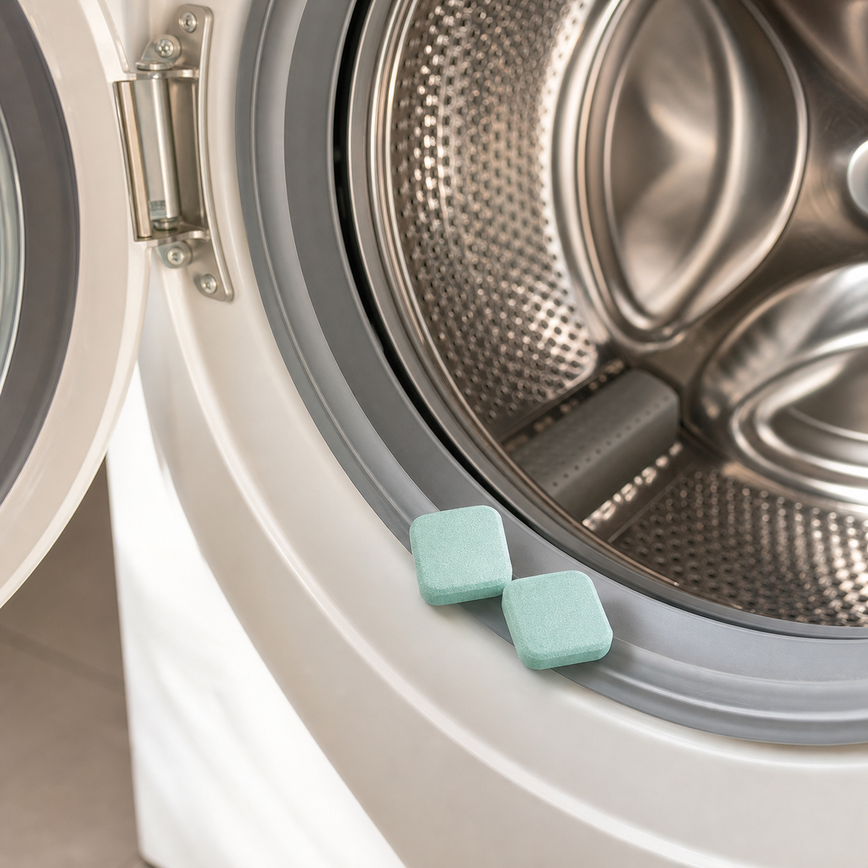 Two cleaner tablets beside an open washing machine drum