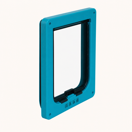 Blue small 4-way lockable cat door flap in a clean three-quarter product view