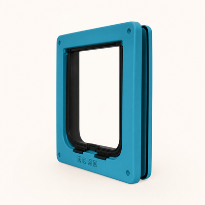 Three-quarter frame and flap-channel detail of the blue small cat door