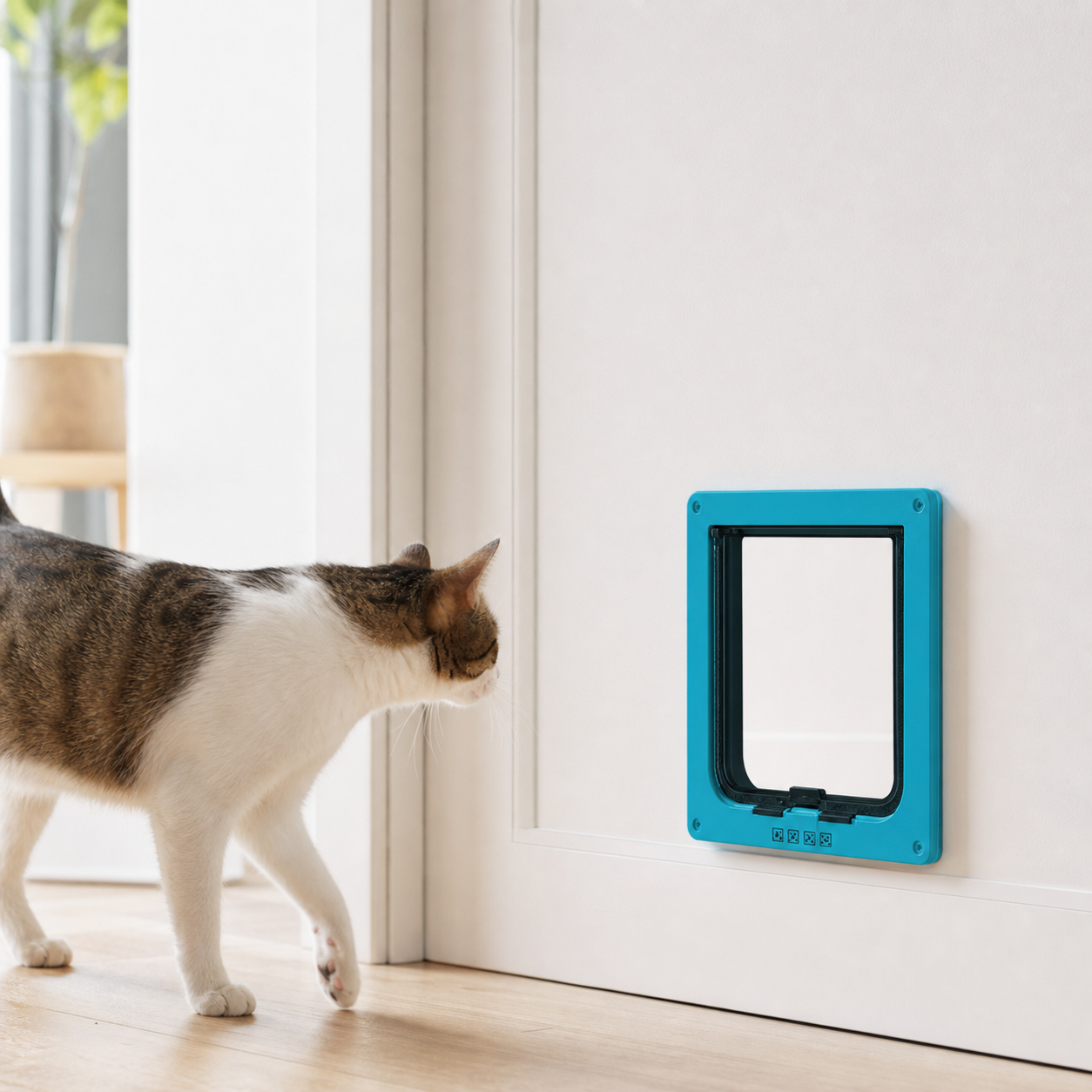 Blue small 4-way cat door installed in an interior door beside a cat