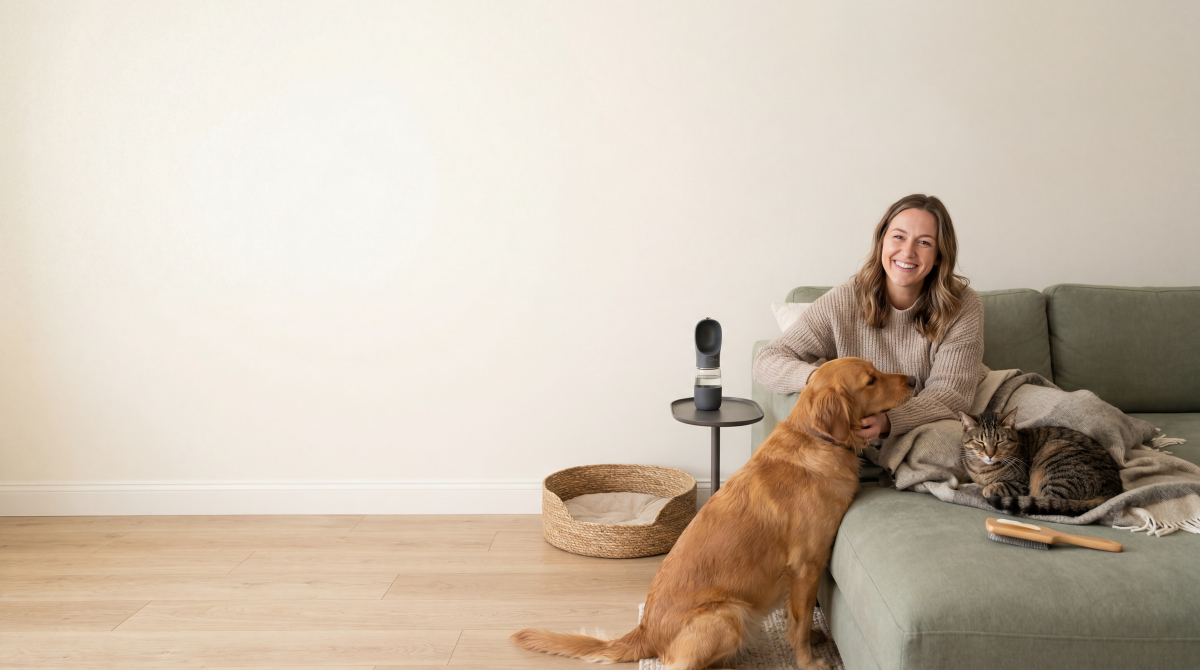 A woman relaxing at home with a dog and cat beside practical pet-care essentials