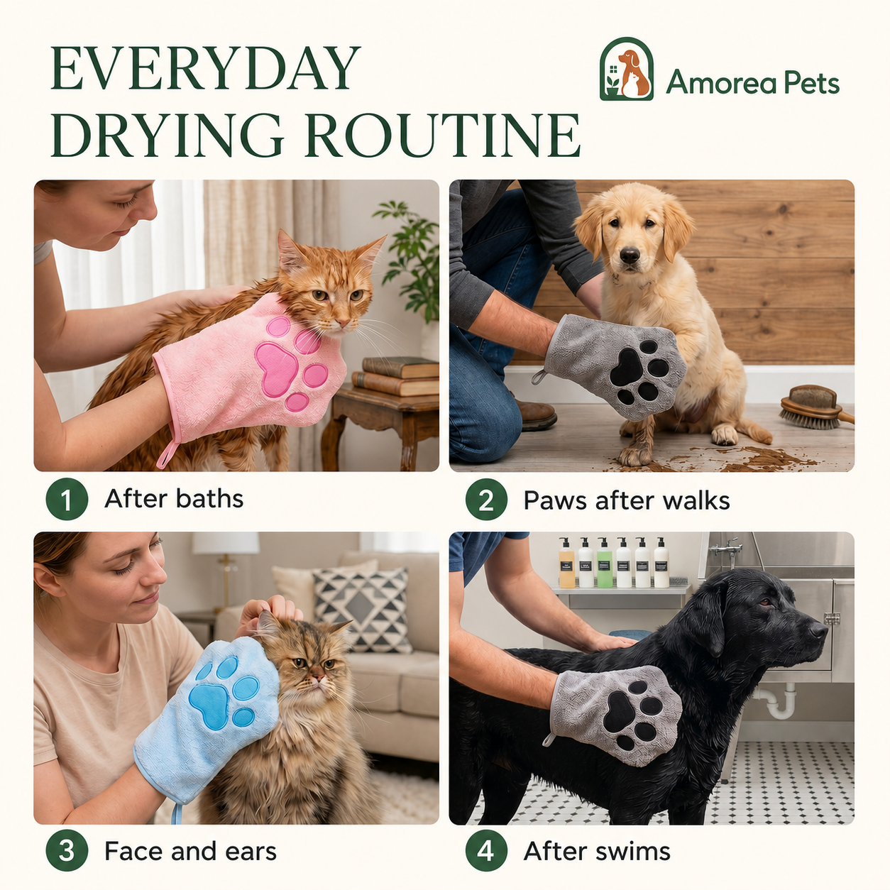 Glove-style pet drying towel used after baths, walks, face care, and swims