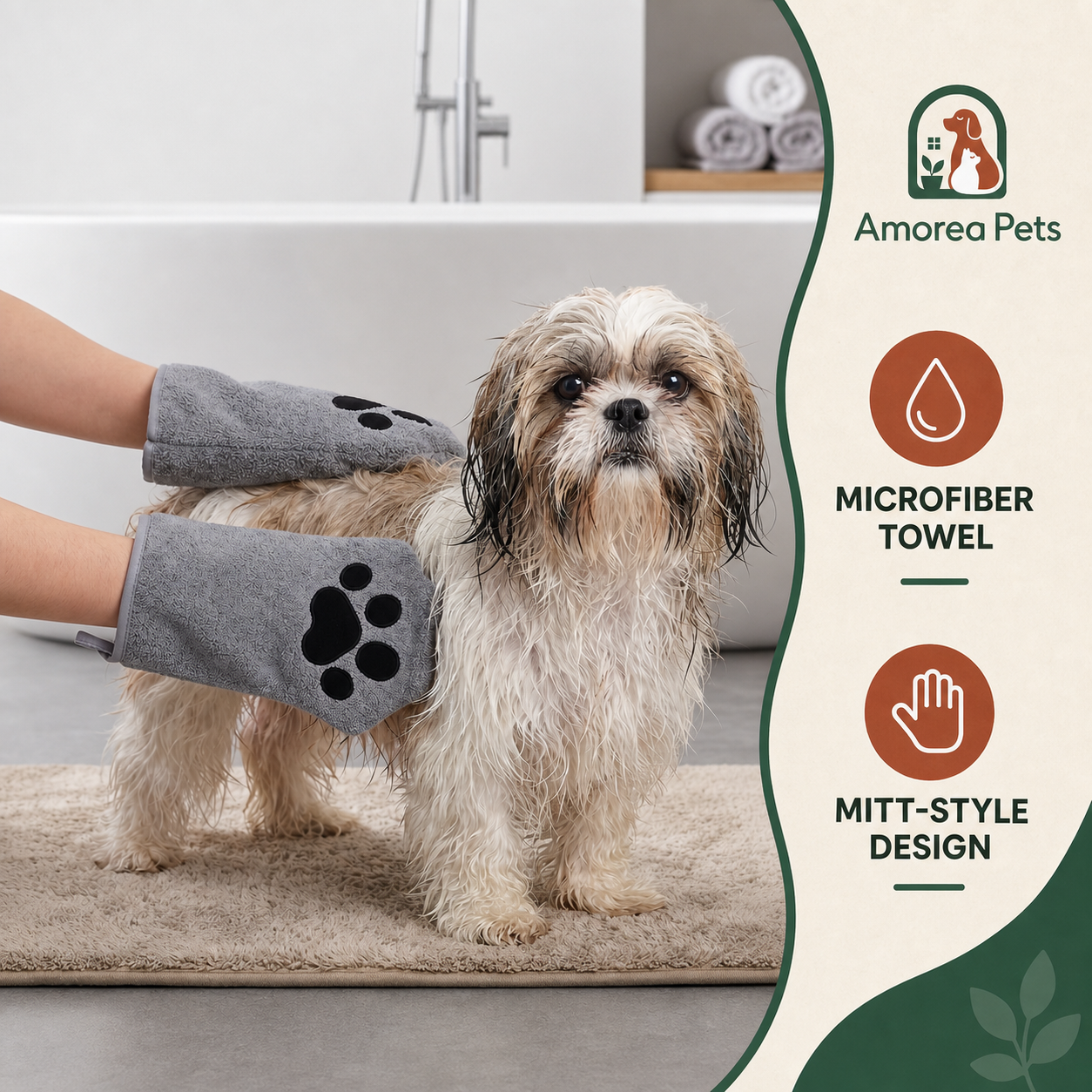 Gray microfiber mitt-style pet drying towel shown on a wet dog