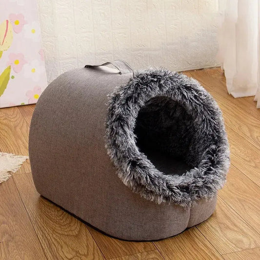 Grey fleece-lined pet sleeping cave