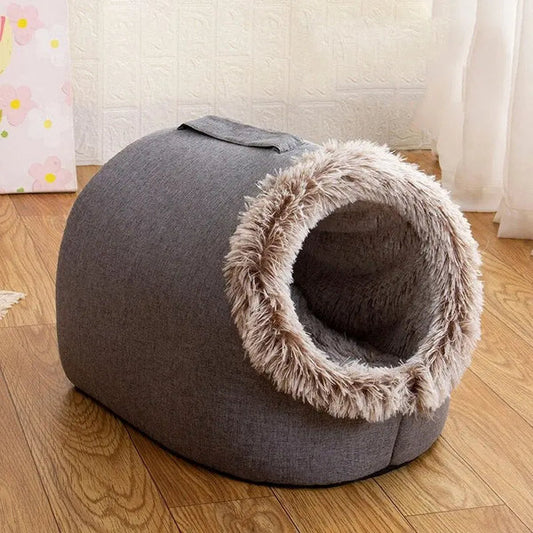 Brown fleece-lined pet sleeping cave