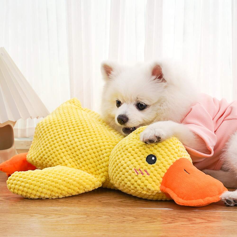 Yellow plush duck dog toy