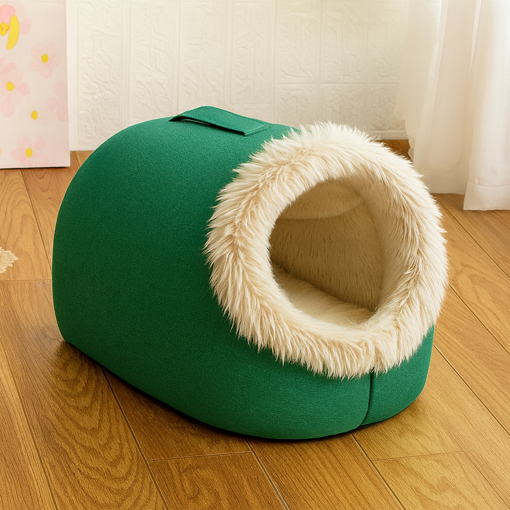 Green fleece-lined pet sleeping cave