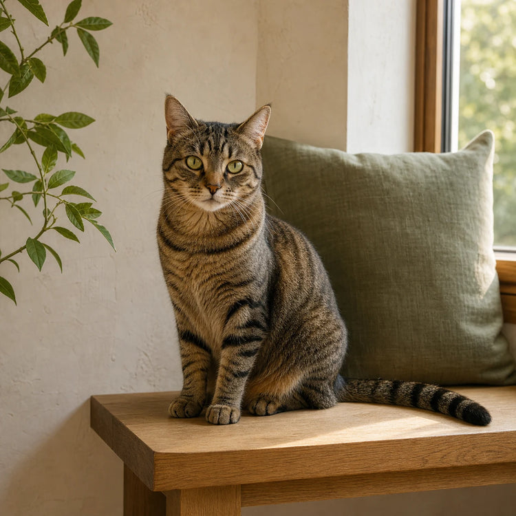 A tabby cat by a sunlit window in a calm cream and olive home