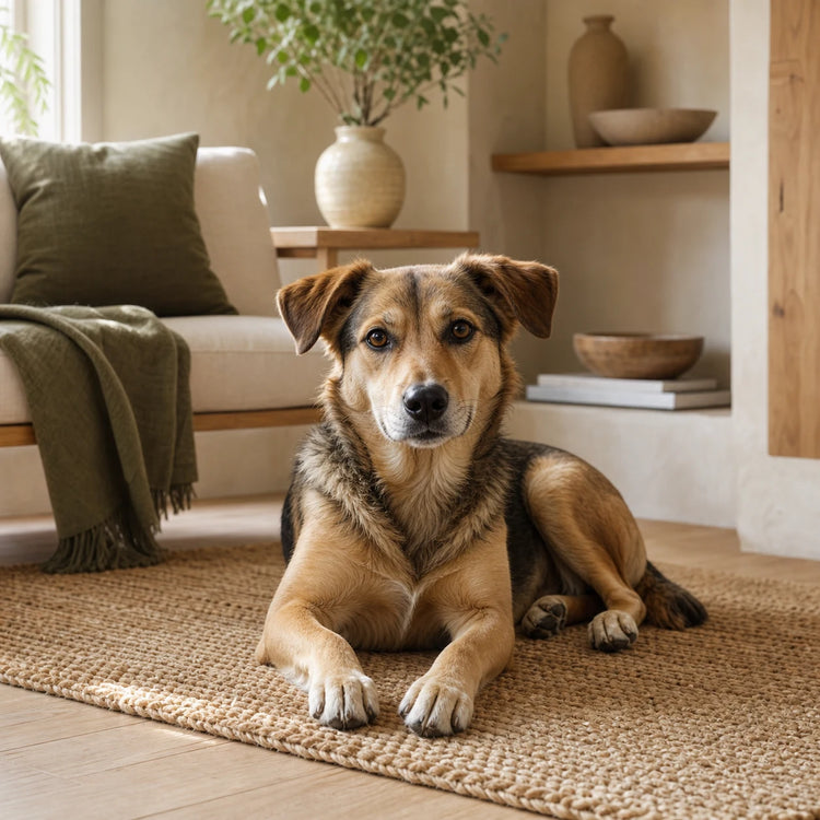 A relaxed dog in a calm cream and olive living room